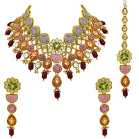 Thumbnail for Sujwel Kundan and Meenakari with Floral Design Necklace Set (08-0115) - Sujwel