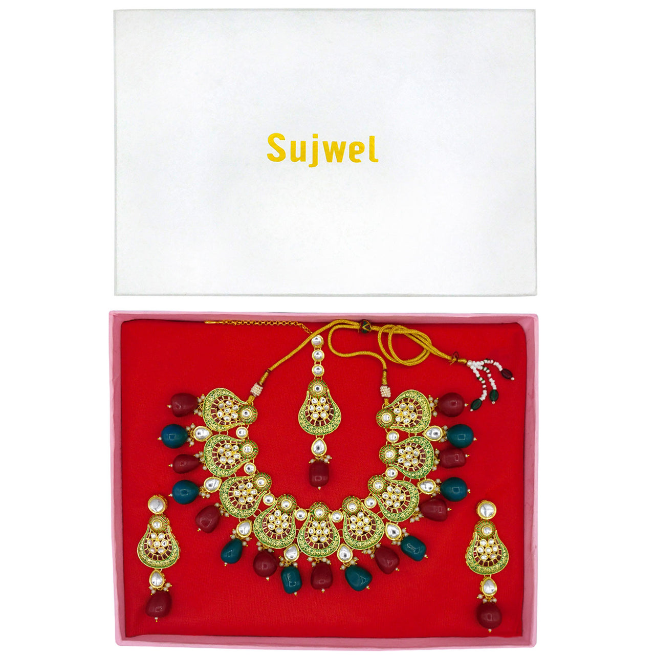 Sujwel Gold Plated Kundan Meenakari Choker Necklace Set (08-0447)