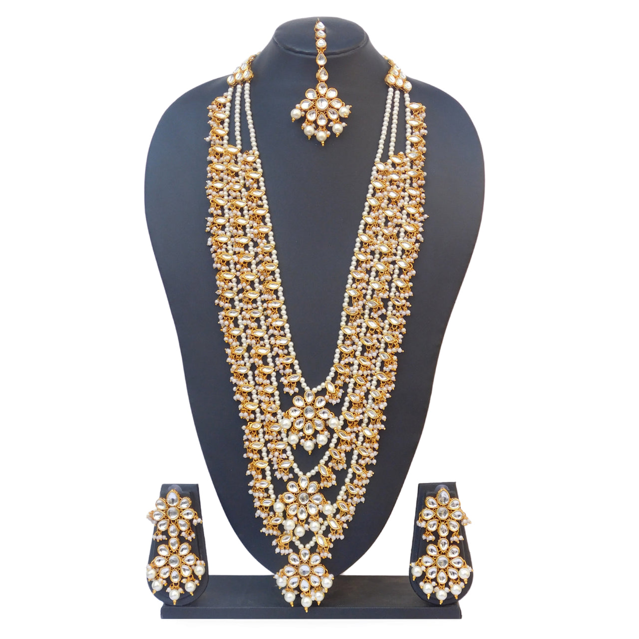 Sujwel Gold Plated Kundan 3 Layered Long Jewellery Set for Women (08-0108) - Sujwel