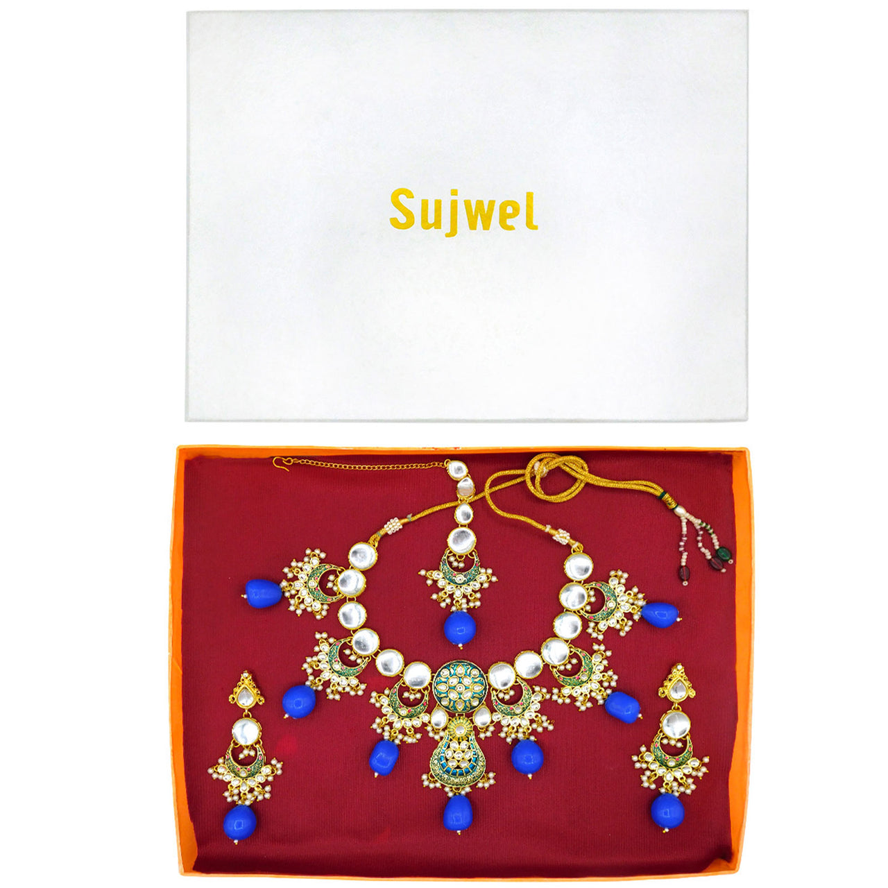 Sujwel Gold Toned Kundan Lamination Floral Design Necklace Set (08-0456)