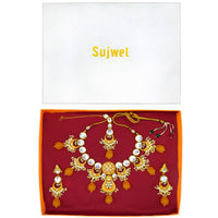 Thumbnail for Sujwel Gold Toned Kundan Lamination Floral Design Necklace Set (08-0456)