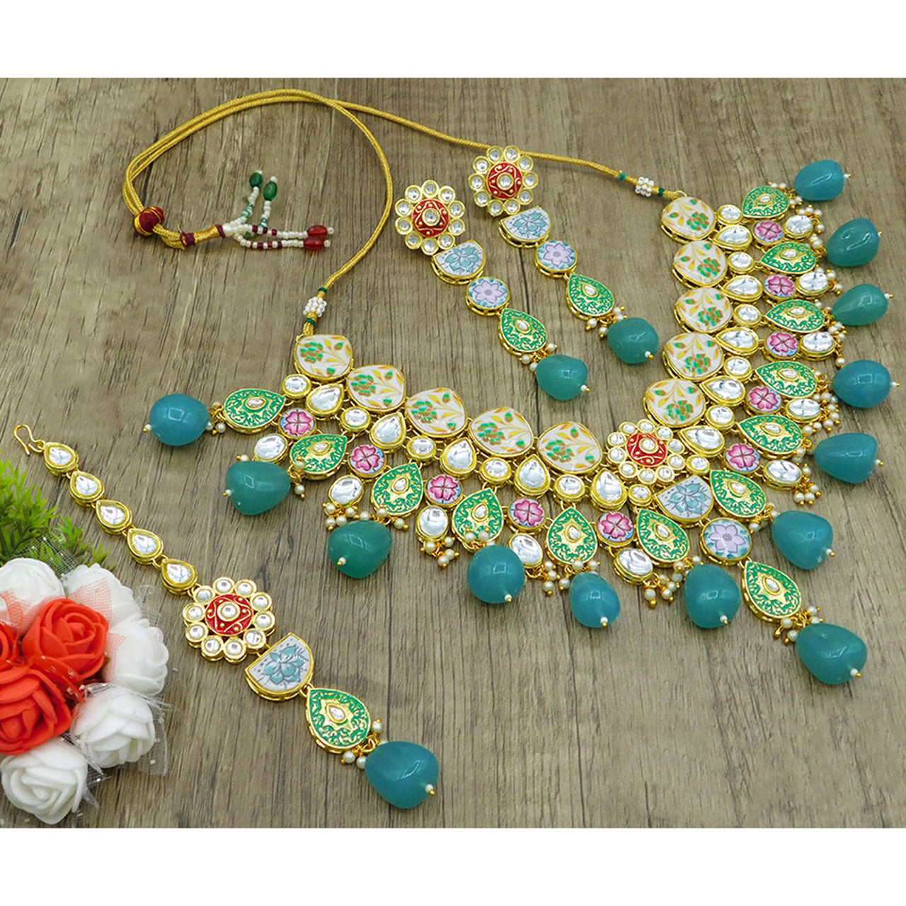 Sujwel Gold Plated Kundan Floral Design Choker Necklace Set For woman (08-0448)