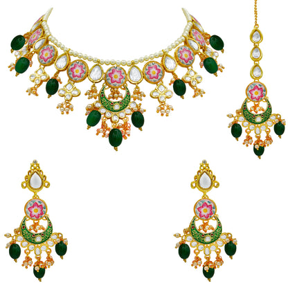 Sujwel Kundan and Meenakari with Floral Design Chokar Necklace Set (08-0285) - Sujwel