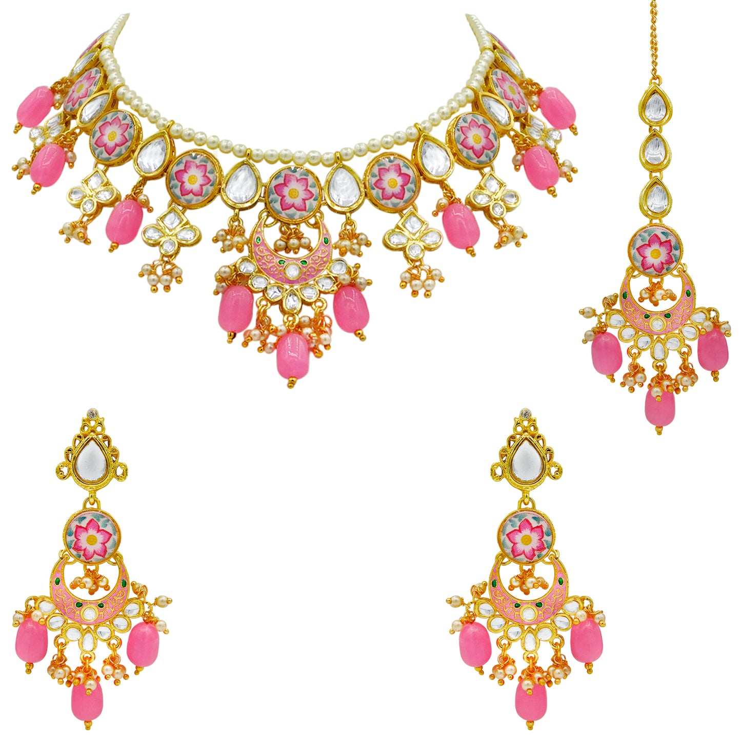 Sujwel Kundan and Meenakari with Floral Design Chokar Necklace Set (08-0285) - Sujwel