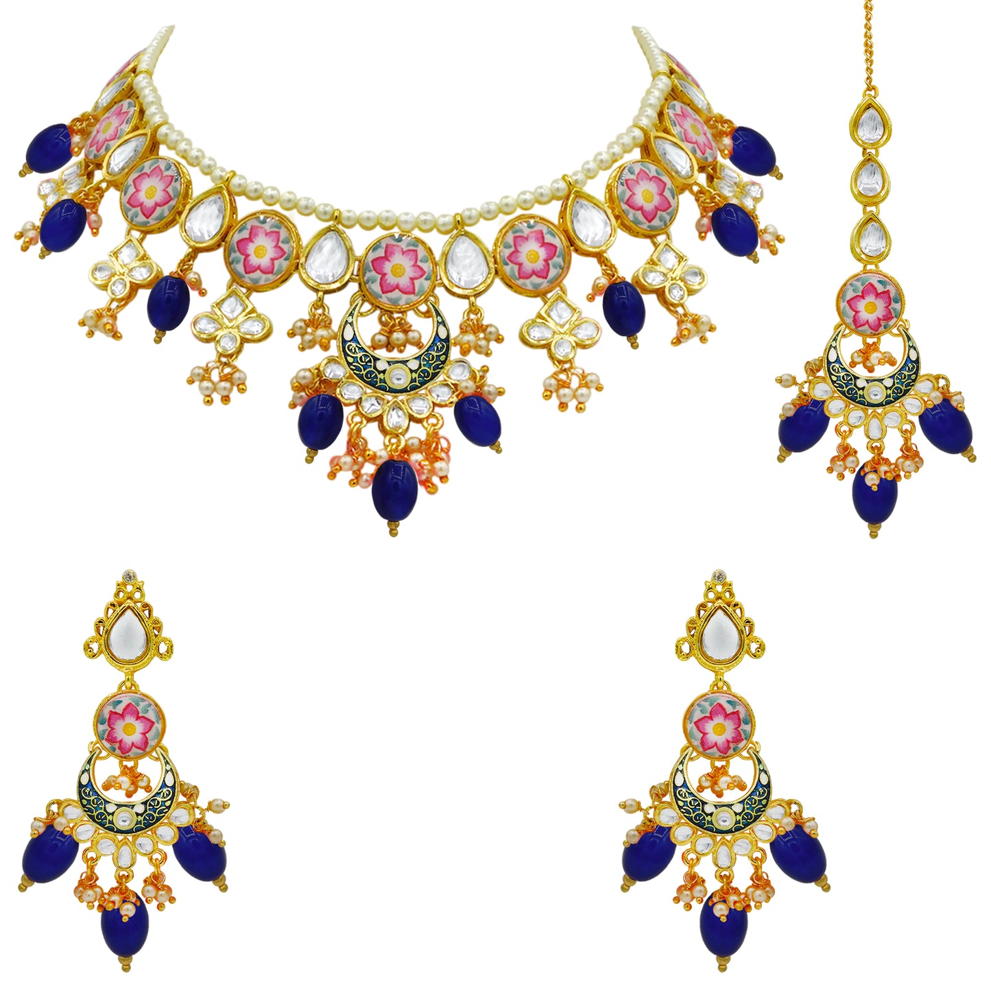 Sujwel Kundan and Meenakari with Floral Design Chokar Necklace Set (08-0285) - Sujwel