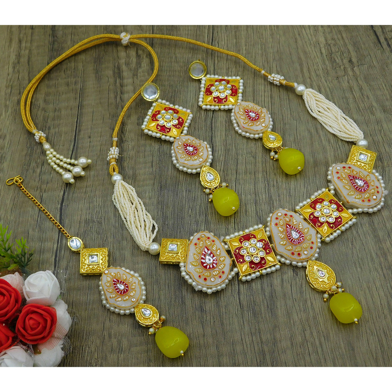 Sujwel Gold Plated Kundan Meenakari Choker Necklace Set for woman (08-0451)