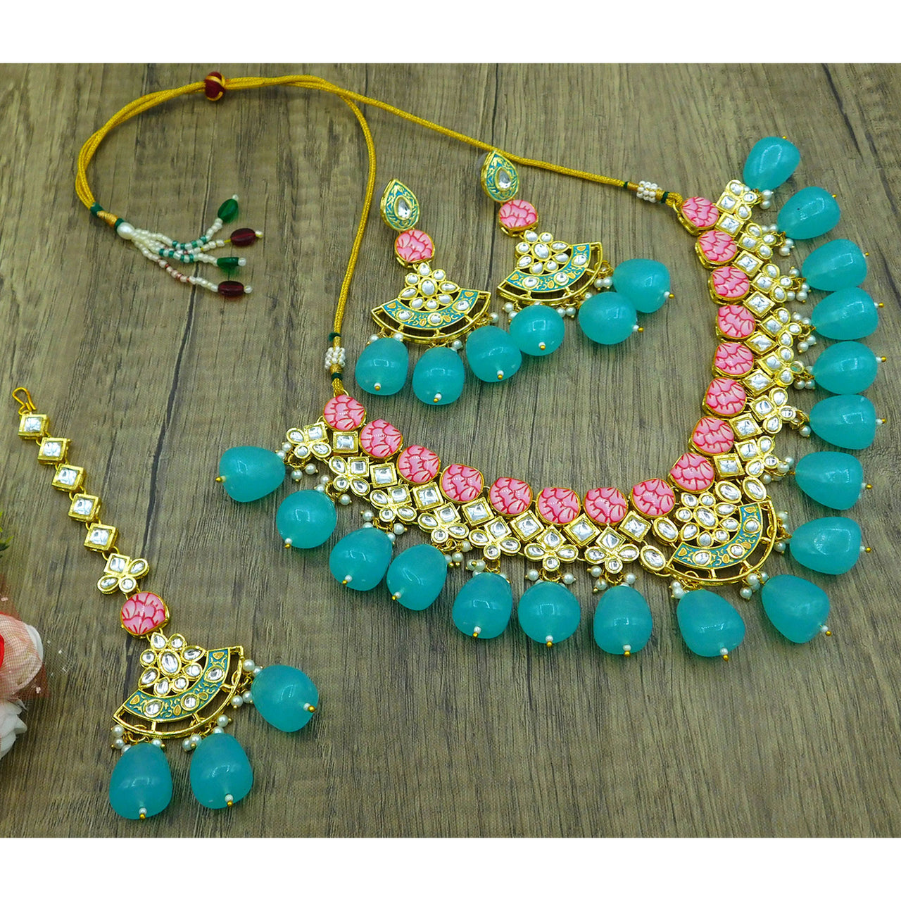 Sujwel Gold Toned Kundan Lamination Floral Design Necklace Set (08-0440)