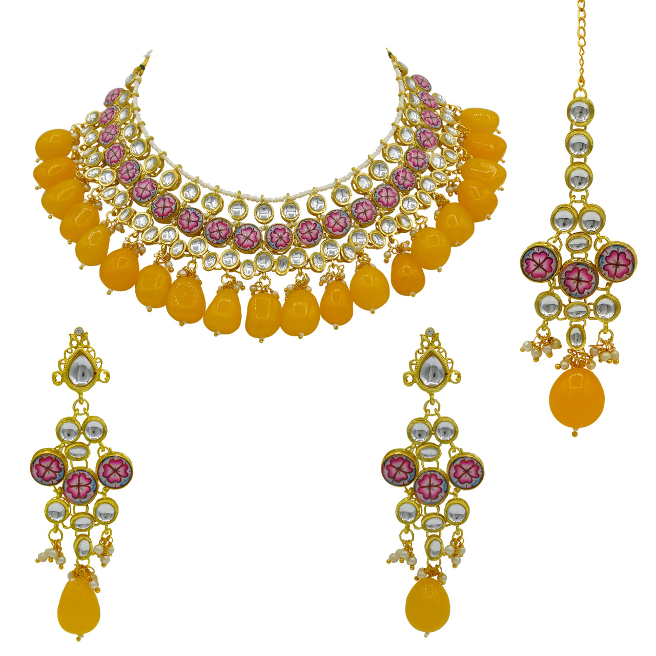Sujwel Gold Plated Kundan Floral Design Choker Necklace Set Women (08-0438) - Sujwel