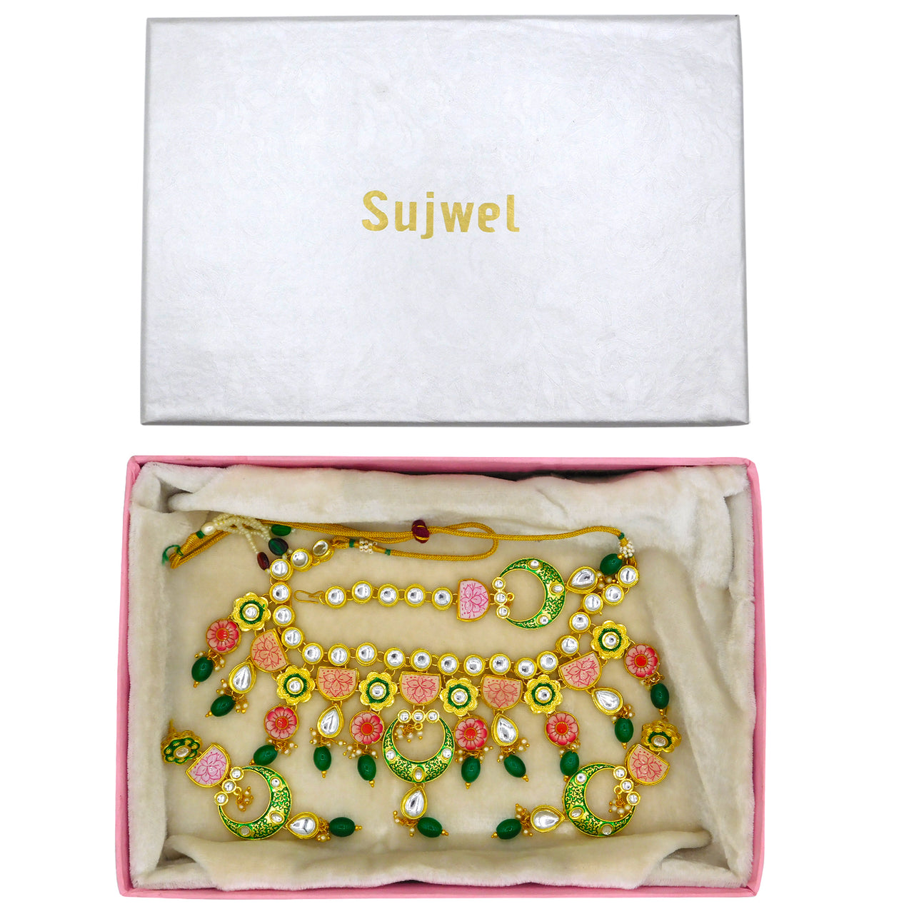 Sujwel Gold Plated Kundan Floral Design Choker Necklace Set (08-0228) - Sujwel