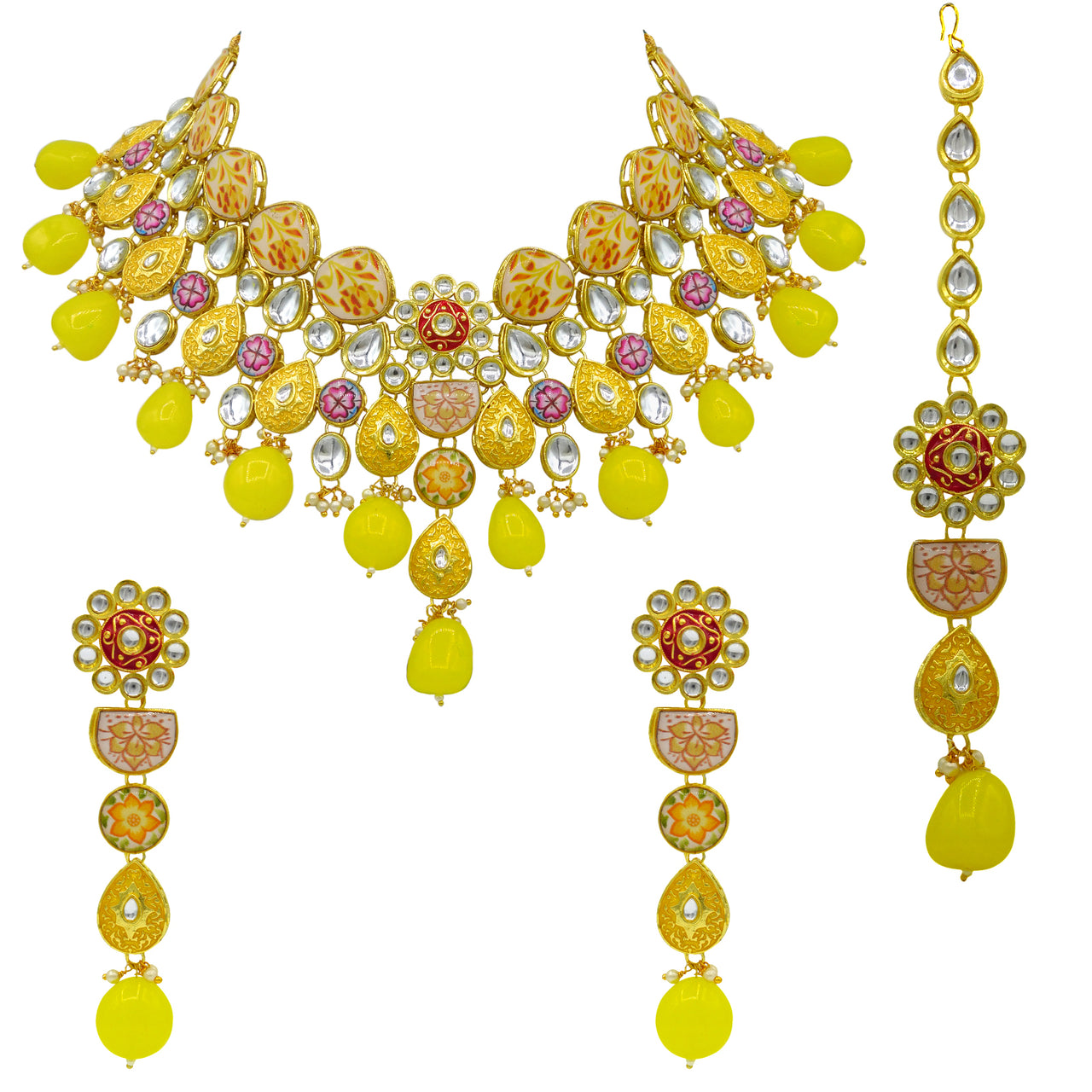 Sujwel Gold Plated Kundan Floral Design Choker Necklace Set For woman (08-0448) - Sujwel