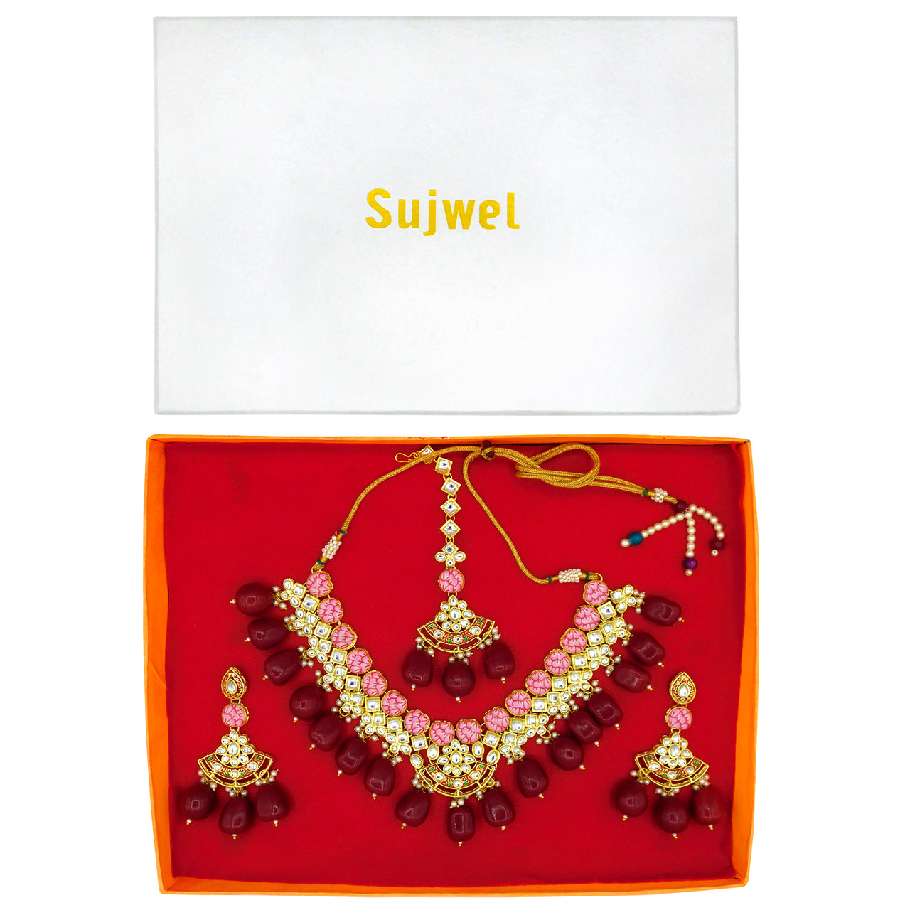 Sujwel Gold Toned Kundan Lamination Floral Design Necklace Set (08-0440) - Sujwel