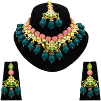 Thumbnail for Sujwel Gold Toned Kundan Lamination Floral Design Necklace Set (08-0440) - Sujwel