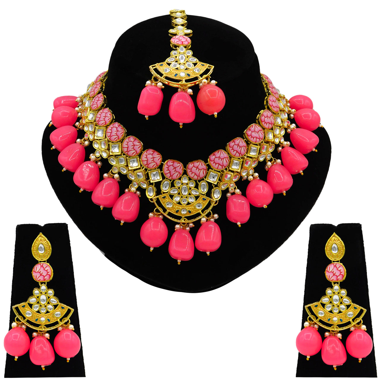 Sujwel Gold Toned Kundan Lamination Floral Design Necklace Set (08-0440) - Sujwel