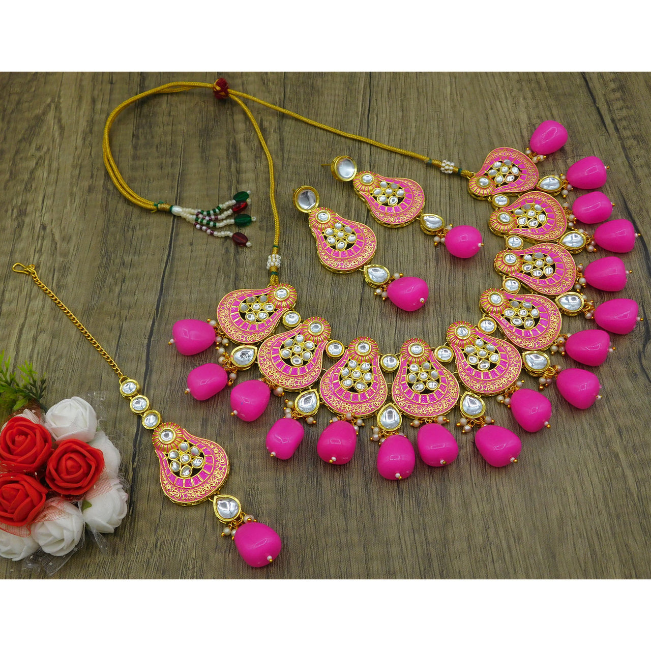 Sujwel Gold Plated Kundan Meenakari Choker Necklace Set (08-0447)