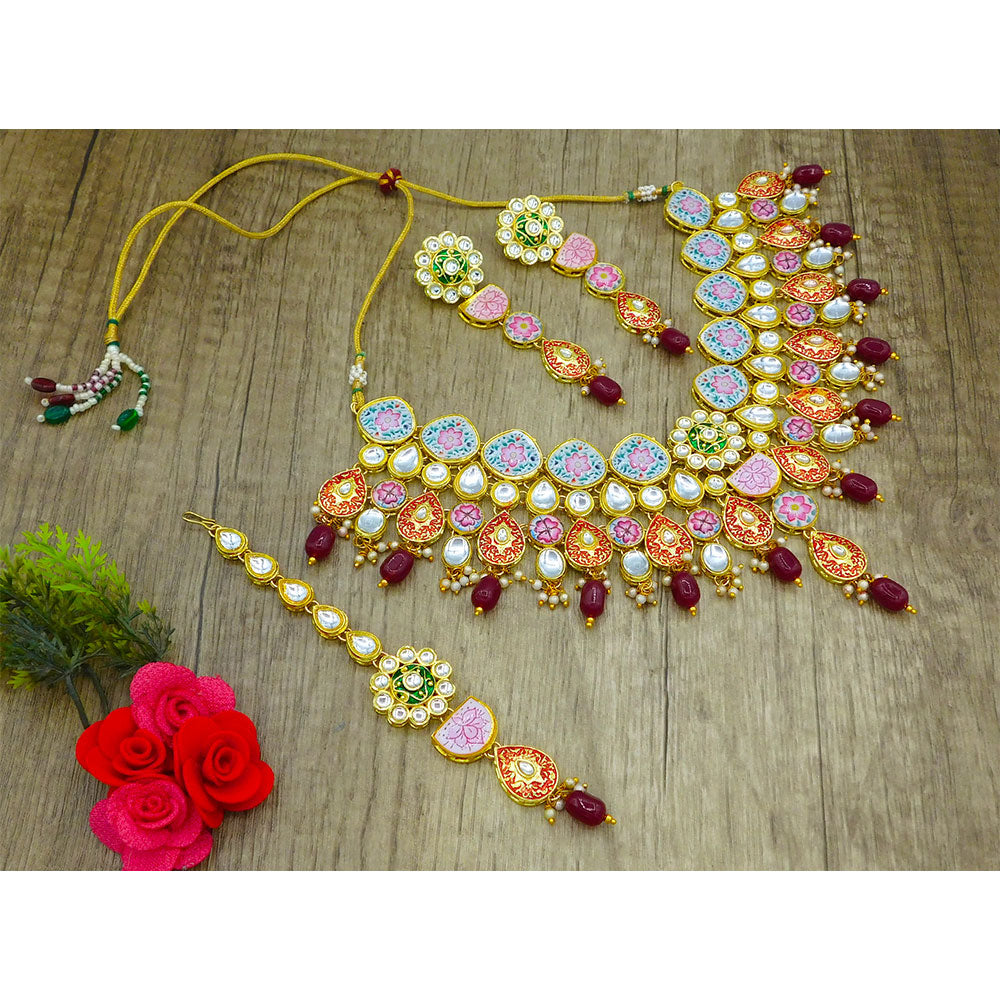 Sujwel Kundan and Meenakari with Floral Design Necklace Set (08-0115) - Sujwel