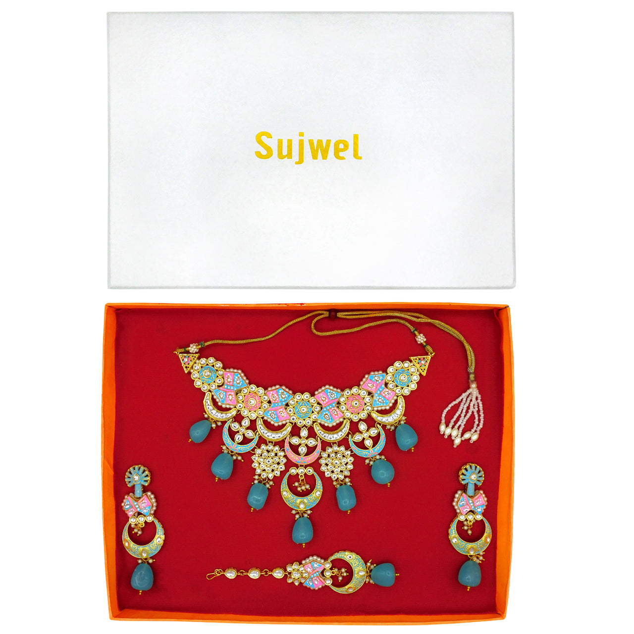 Sujwel Gold Plated Kundan Choker Necklace Set  For Women (08-0452)