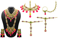 Thumbnail for Sujwel Beads Studded Handcrafted Kundan Pink Bridal Jewellery Set - Sujwel