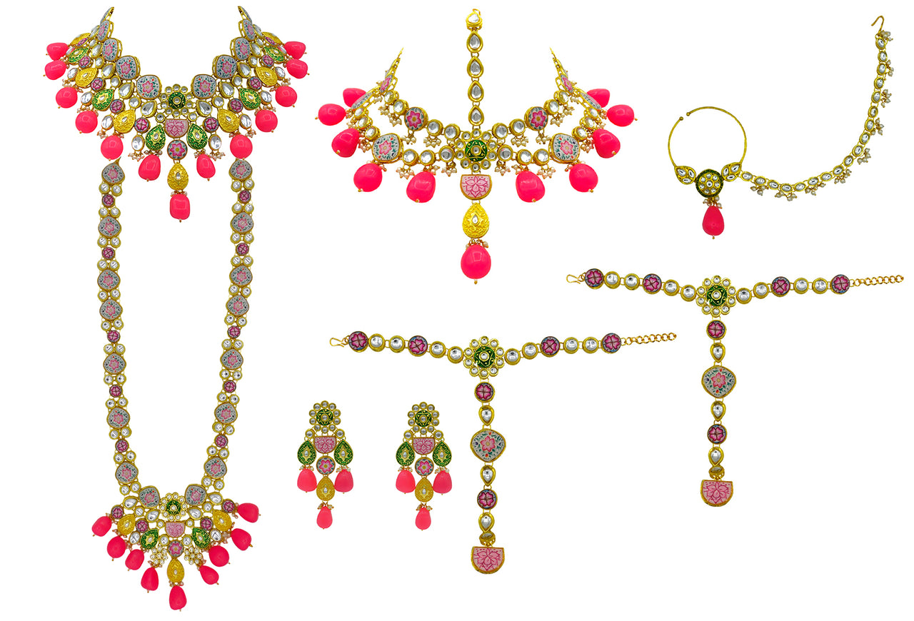 Sujwel Beads Studded Handcrafted Kundan Pink Bridal Jewellery Set - Sujwel