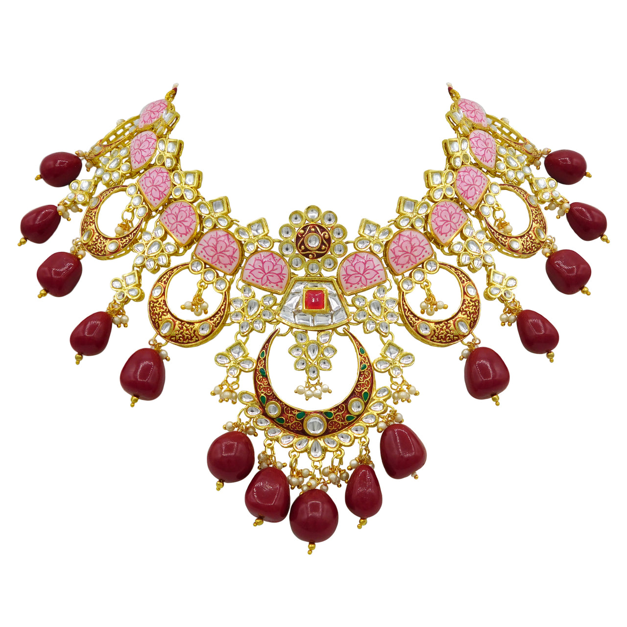 Sujwel Gold Toned Kundan Lamination Floral Design Necklace Set (08-0444)