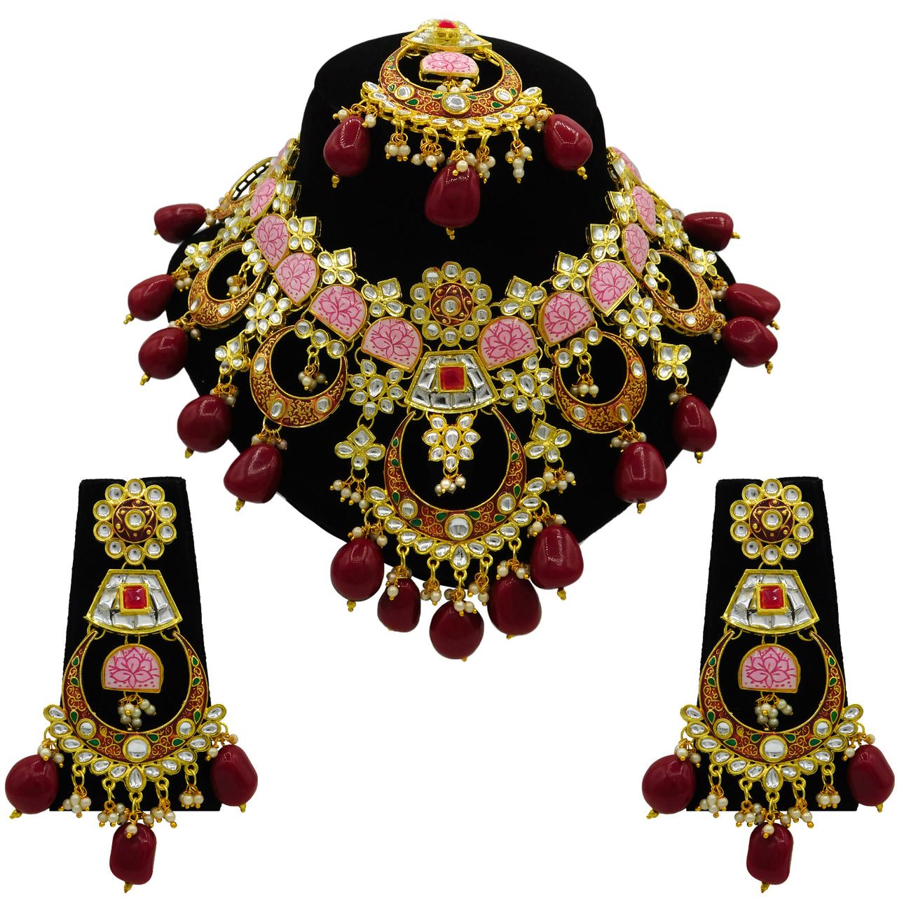 Sujwel Gold Toned Kundan Lamination Floral Design Necklace Set (08-0444) - Sujwel