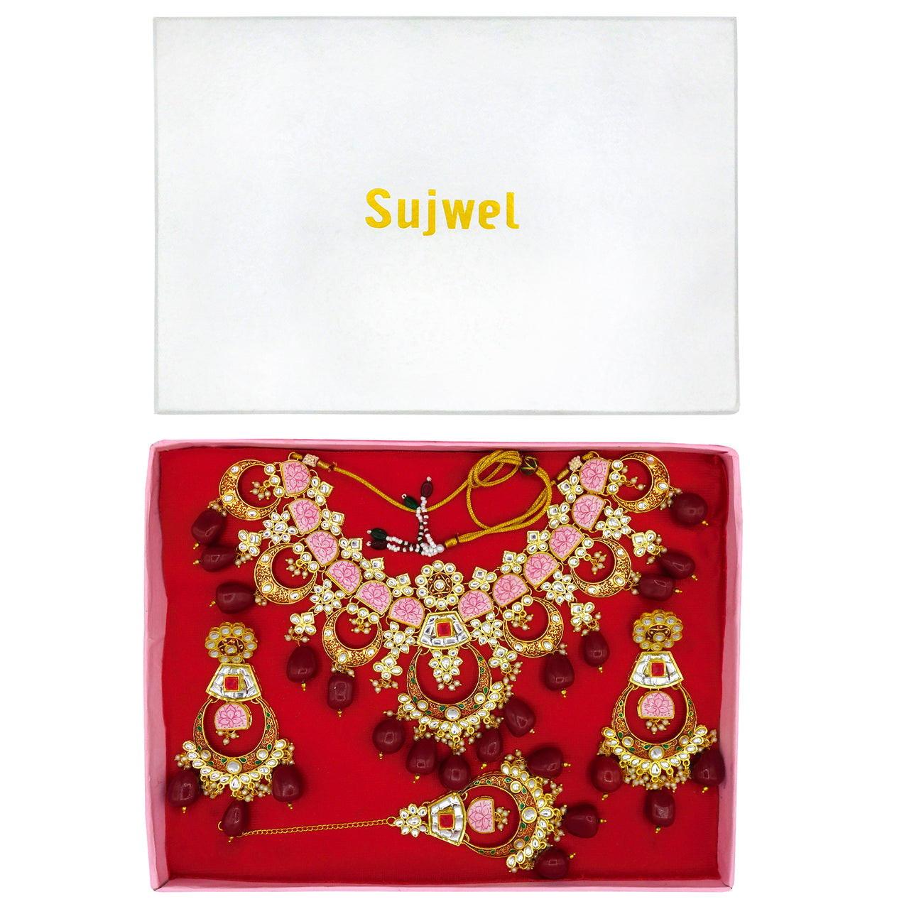 Sujwel Gold Toned Kundan Lamination Floral Design Necklace Set (08-0444) - Sujwel