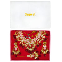 Thumbnail for Sujwel Gold Toned Kundan Lamination Floral Design Necklace Set (08-0444) - Sujwel