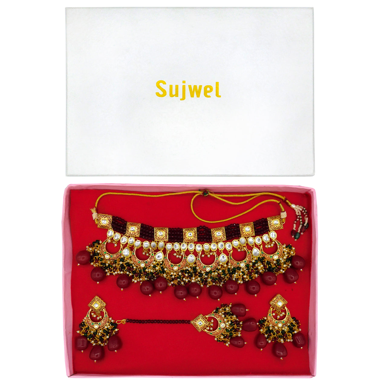 Traditional Gold Plated Crystal Kundan Choker Necklace for Women (08-0443) - Sujwel