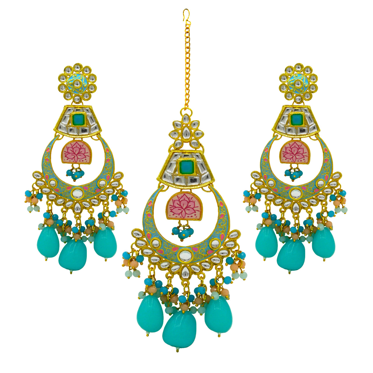 Sujwel Gold Toned Kundan Lamination Floral Design Necklace Set (08-0444)