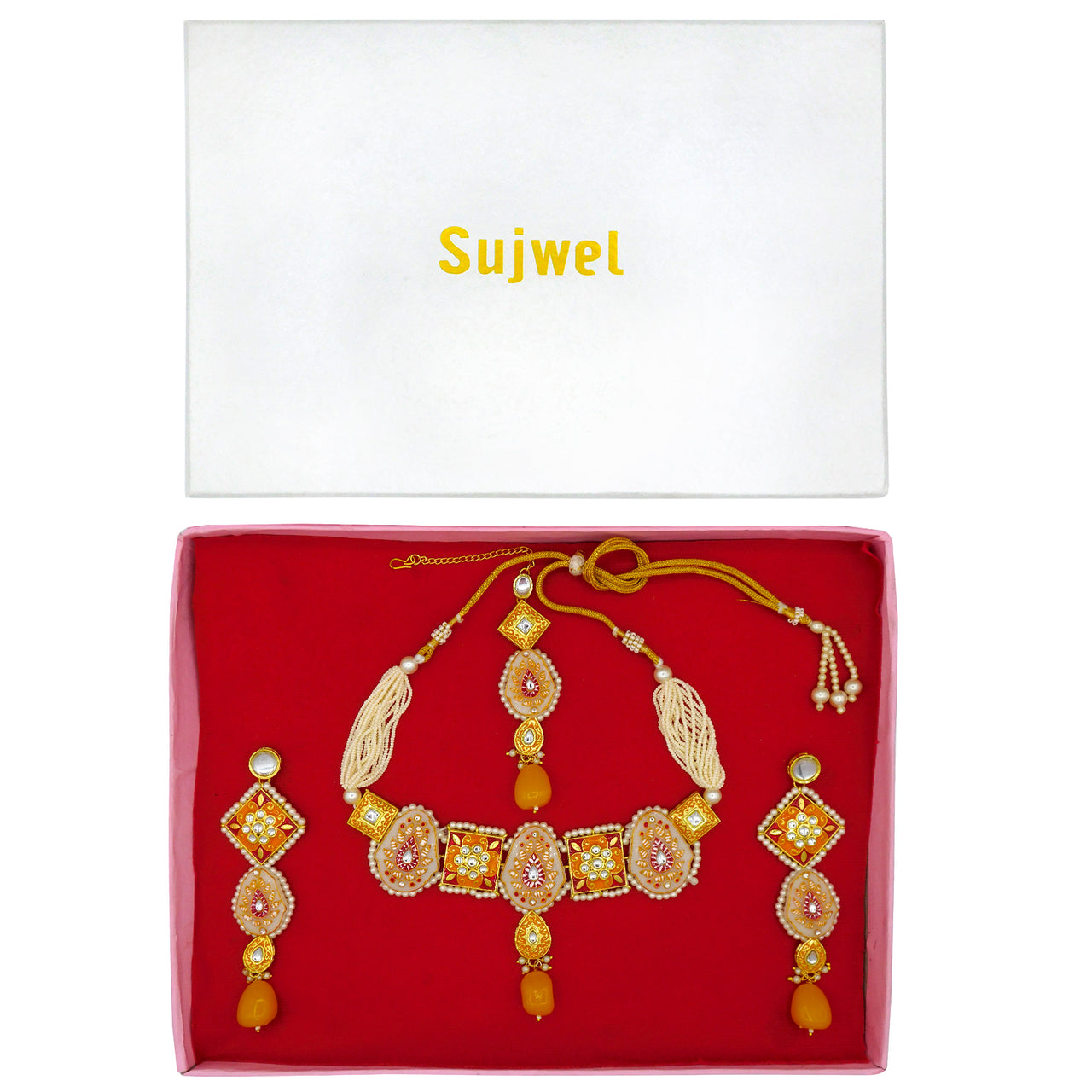 Sujwel Gold Plated Kundan Meenakari Choker Necklace Set for woman (08-0451) - Sujwel