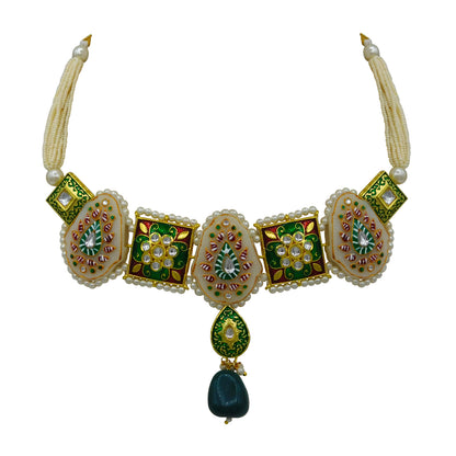 Sujwel Gold Plated Kundan Meenakari Choker Necklace Set for woman (08-0451)