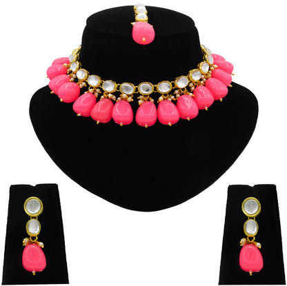 Sujwel Kundan Gold Necklace Set For Woman (08-0466)