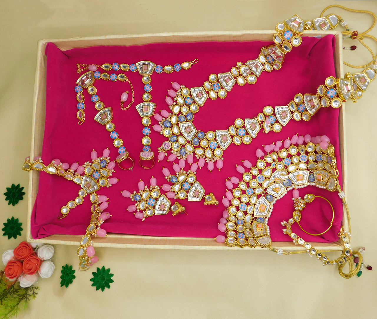 Sujwel Beads Studded Handcrafted Kundan Pink Bridal Jewellery Set - Sujwel