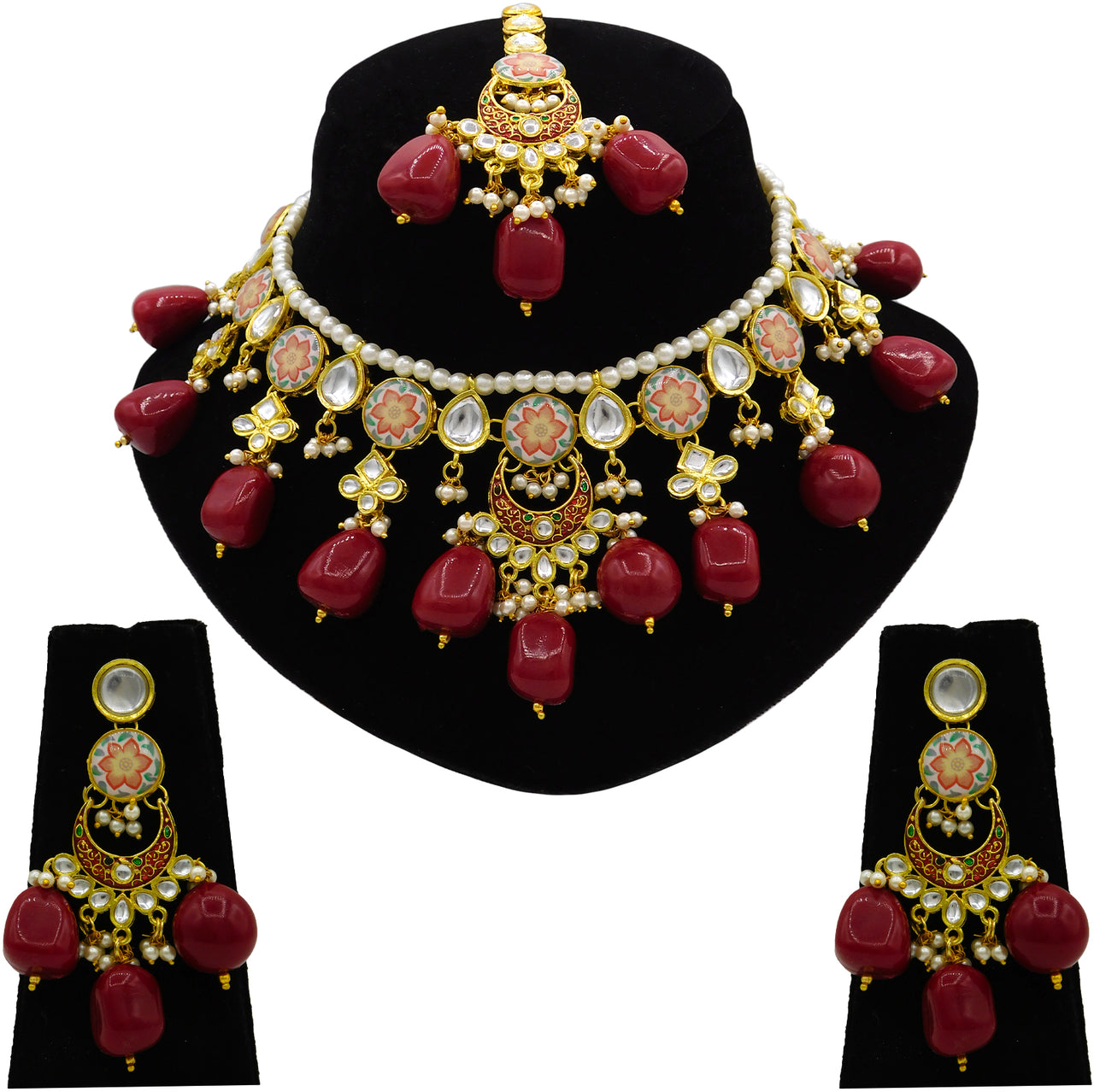 Sujwel Kundan and Meenakari with Floral Chokar Necklace Set (08-0453) - Sujwel