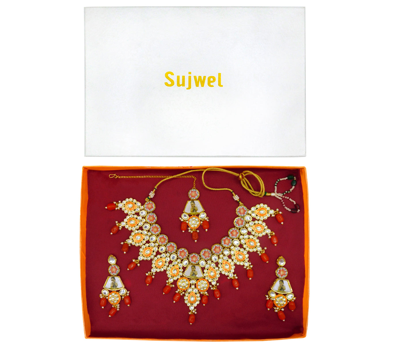 Personalized Sujwel Gold Plated Kundan Meenakari Necklace Set With Maangtikka For Women (SUJP01) - Sujwel