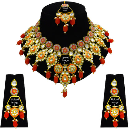 Personalized Sujwel Gold Plated Kundan Meenakari Necklace Set With Maangtikka For Women (SUJP01) - Sujwel