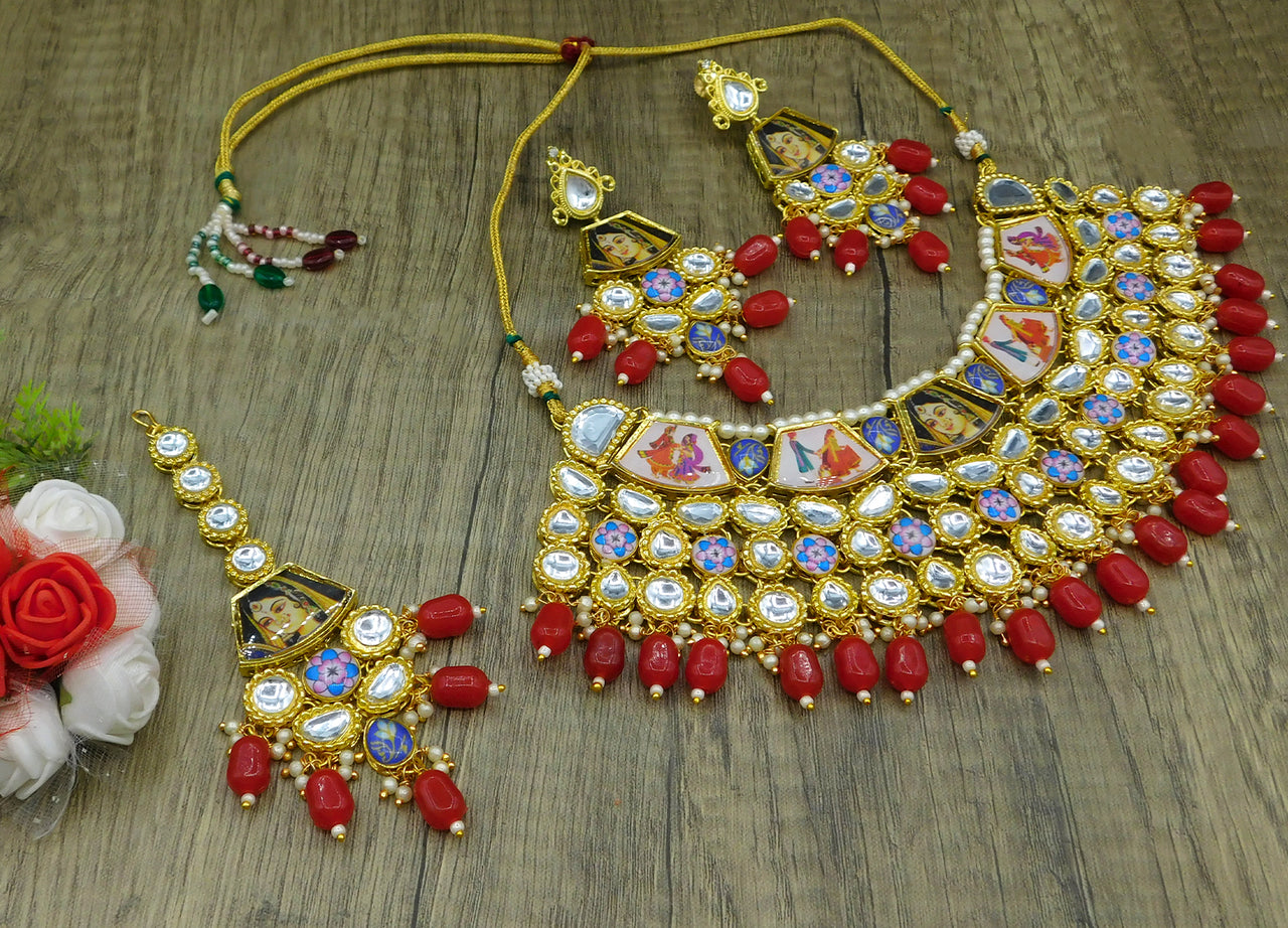 Personalized Sujwel Gold Plated Kundan Stones & Pearl Beads Studded Lamination Floral Design Choker Necklace Set For Women (SUJP01) - Sujwel