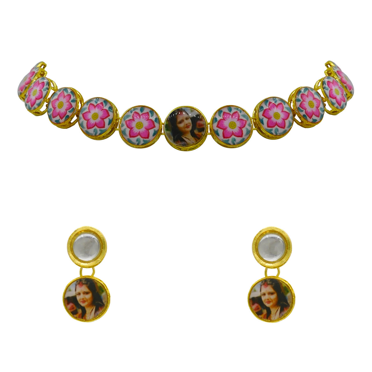 Personalized Sujwel Painting with Floral Design Chokar Necklace Set (SUJP01) - Sujwel