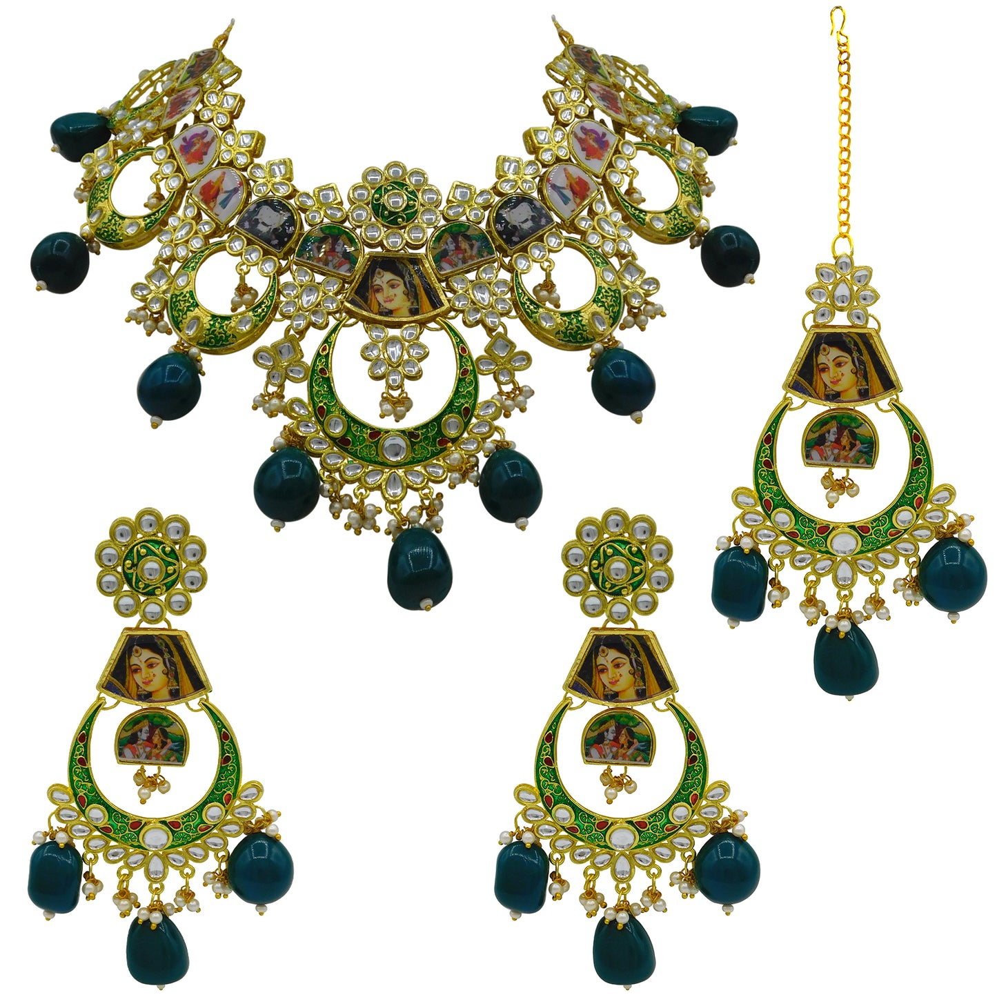 Personalized Sujwel Gold Plated Kundan Meenakari Necklace Set With Maangtikka For Women (SUJP01) - Sujwel