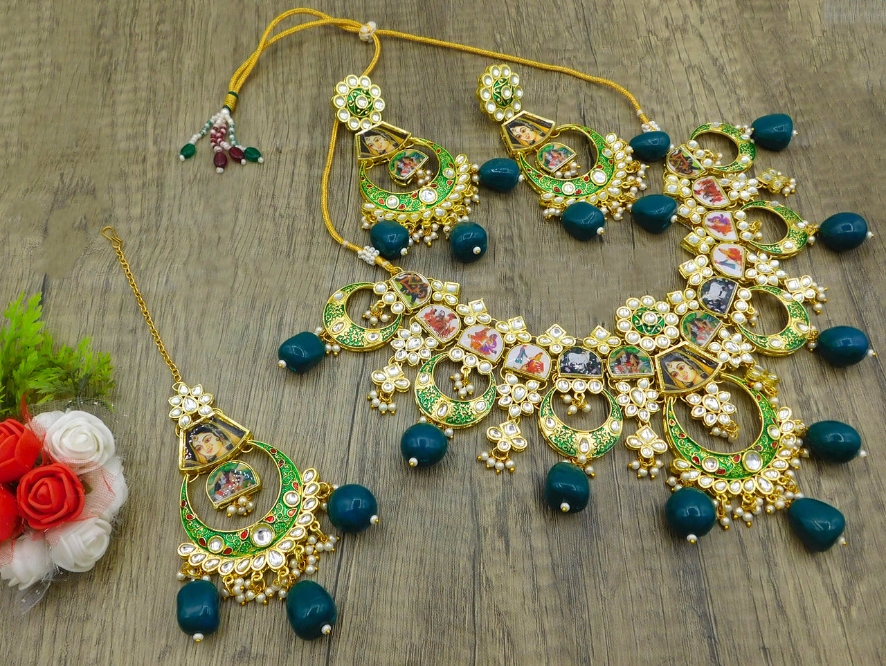Personalized Sujwel Gold Plated Kundan Meenakari Necklace Set With Maangtikka For Women (SUJP01) - Sujwel
