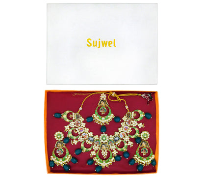 Personalized Sujwel Gold Plated Kundan Meenakari Necklace Set With Maangtikka For Women (SUJP01) - Sujwel