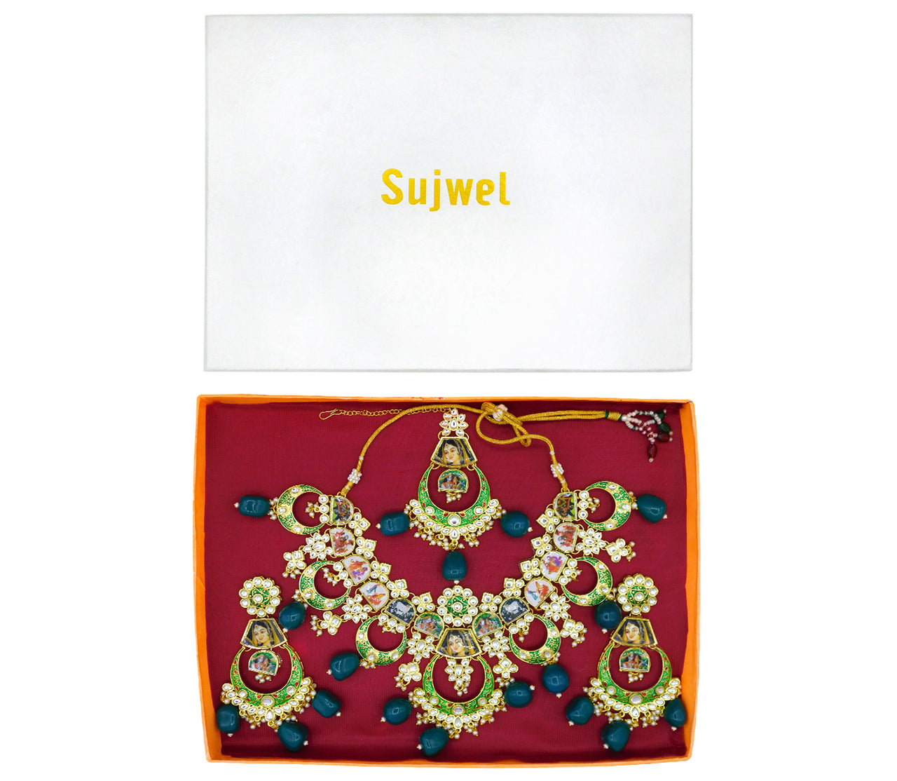 Personalized Sujwel Gold Plated Kundan Meenakari Necklace Set With Maangtikka For Women (SUJP01) - Sujwel