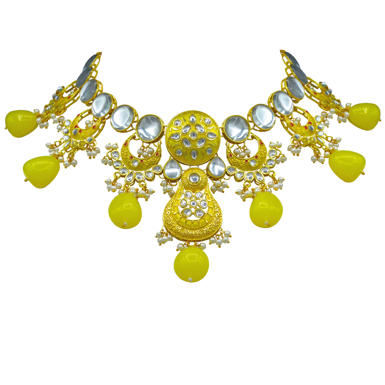 Sujwel Gold Toned Kundan Lamination Floral Design Necklace Set (08-0456) - Sujwel