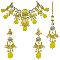 Thumbnail for Sujwel Gold Toned Kundan Lamination Floral Design Necklace Set (08-0456) - Sujwel