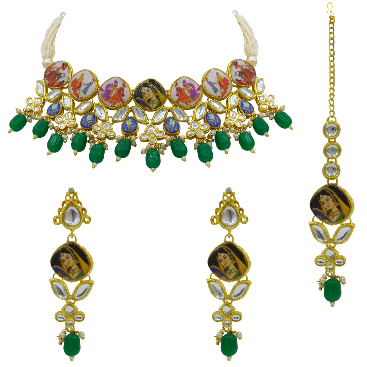 Personalized Sujwel Gold Toned Kundan Stones & Beads Lamination Multistrand Pearl Beads Choker Necklace Set For Women (SUJP01) - Sujwel
