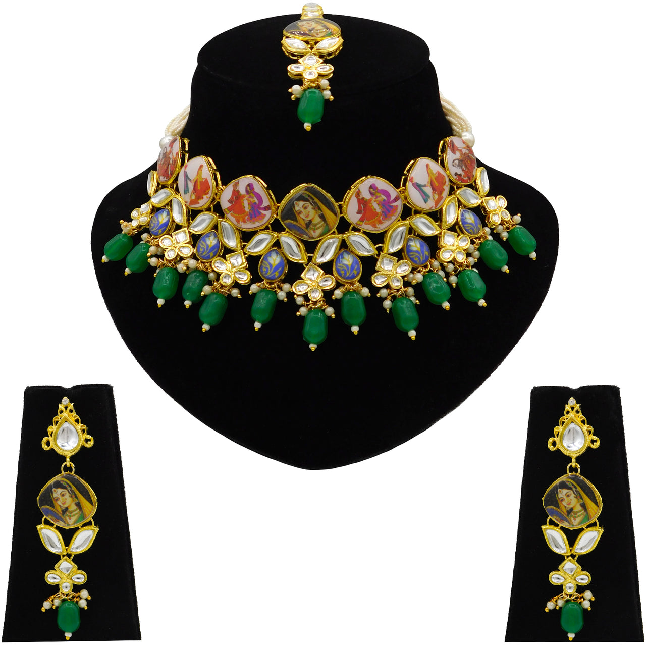 Personalized Sujwel Gold Toned Kundan Stones & Beads Lamination Multistrand Pearl Beads Choker Necklace Set For Women (SUJP01) - Sujwel