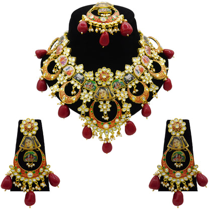 Personalized Sujwel Gold Plated Kundan Meenakari Necklace Set With Maangtikka For Women (SUJP01) - Sujwel