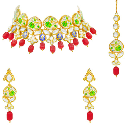 Sujwel Kundan and Painting with Floral Design Chokar Necklace Set (08-0281) - Sujwel