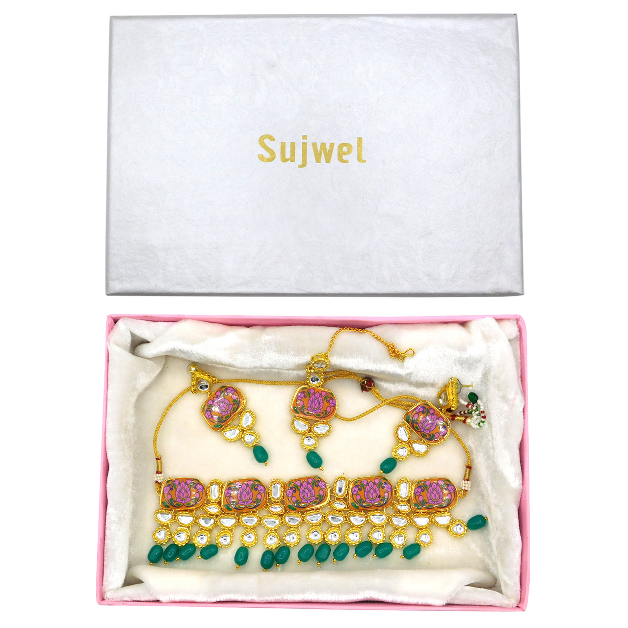 Sujwel Traditional Beaded Kundan Necklace Set With Maang Tikka for Women & Girls - Sujwel