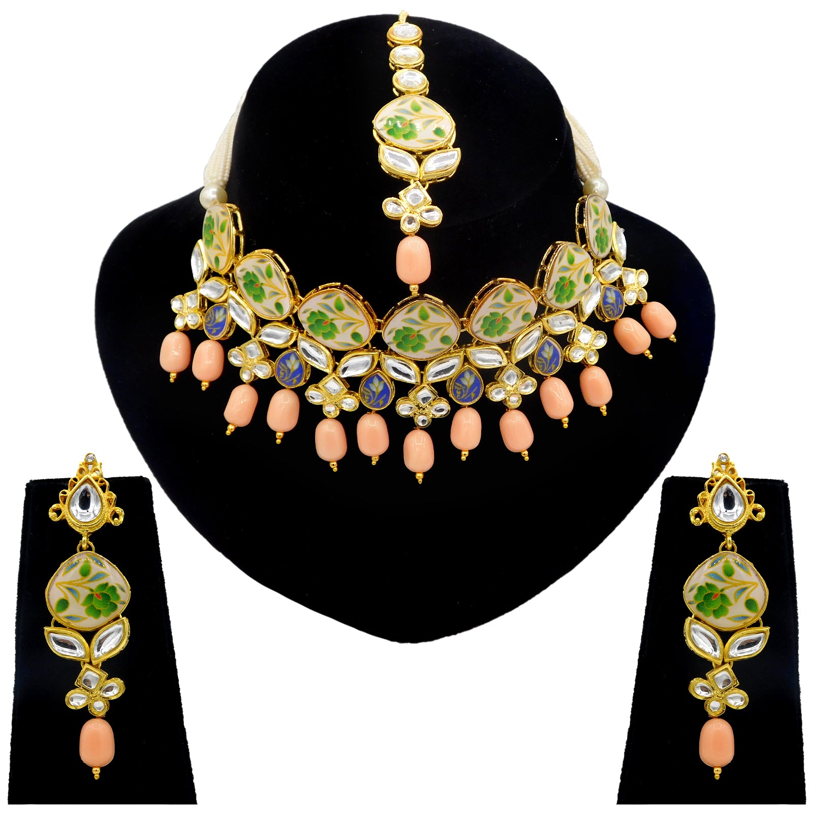 Sujwel Kundan and Painting with Floral Design Chokar Necklace Set (08-0281) - Sujwel