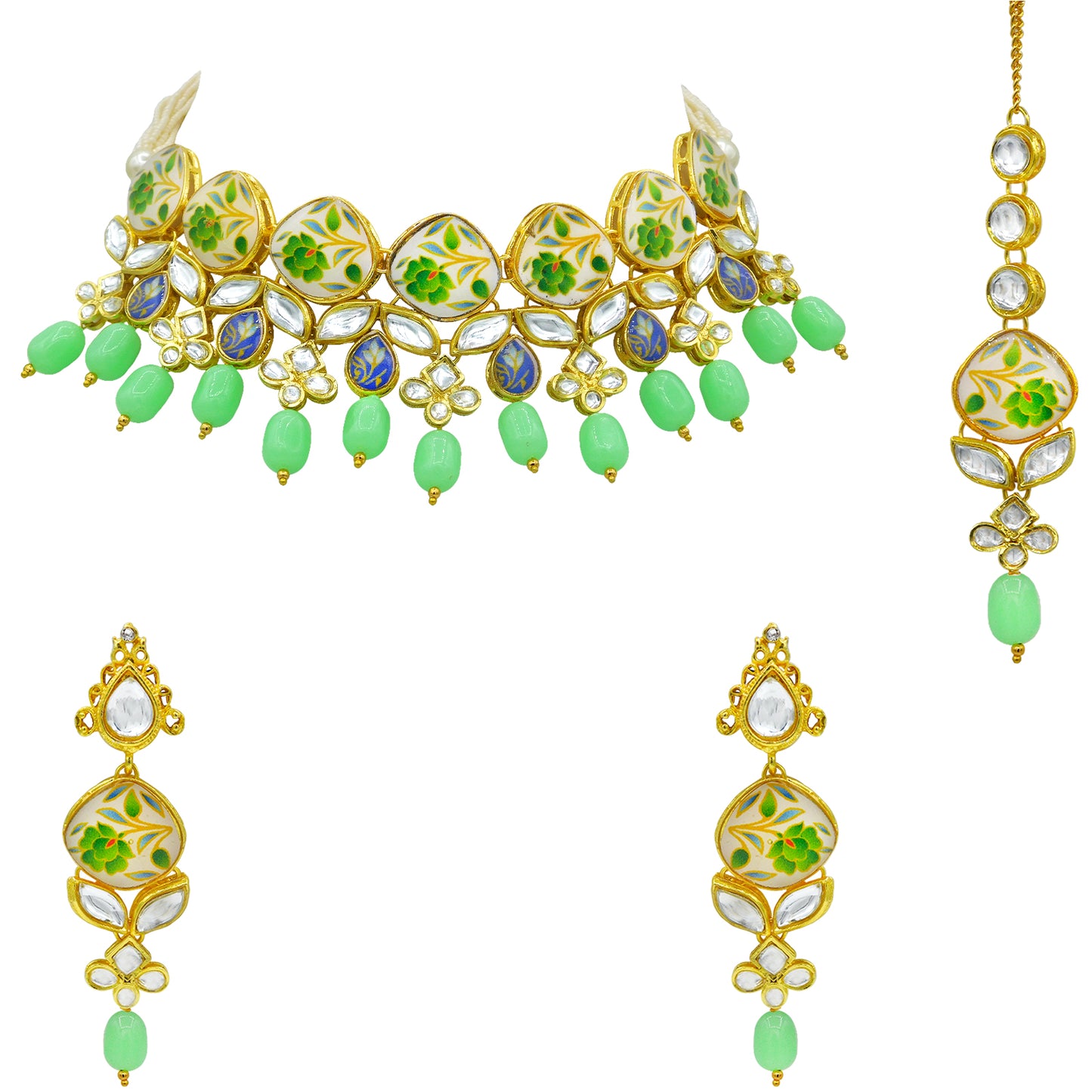 Sujwel Kundan and Painting with Floral Design Chokar Necklace Set (08-0281) - Sujwel